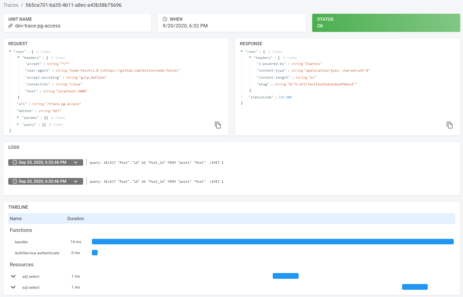 A recap.dev trace of an example Express application