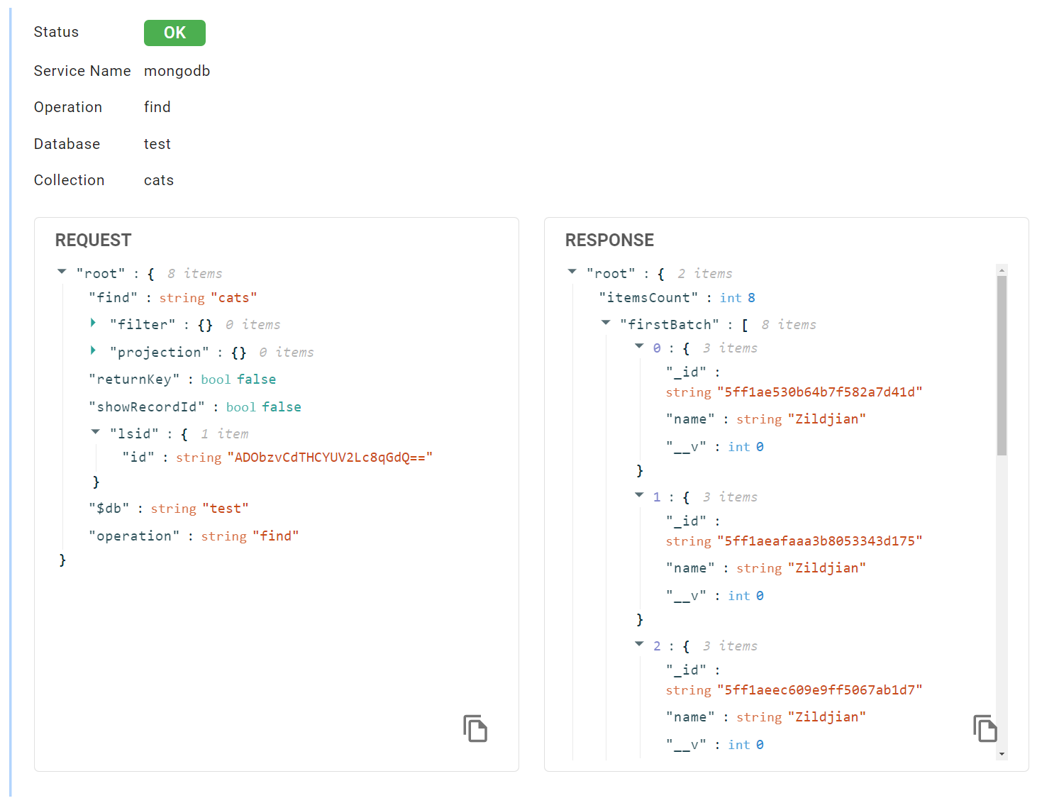 A recap.dev client recording MongoDB query and response payloads